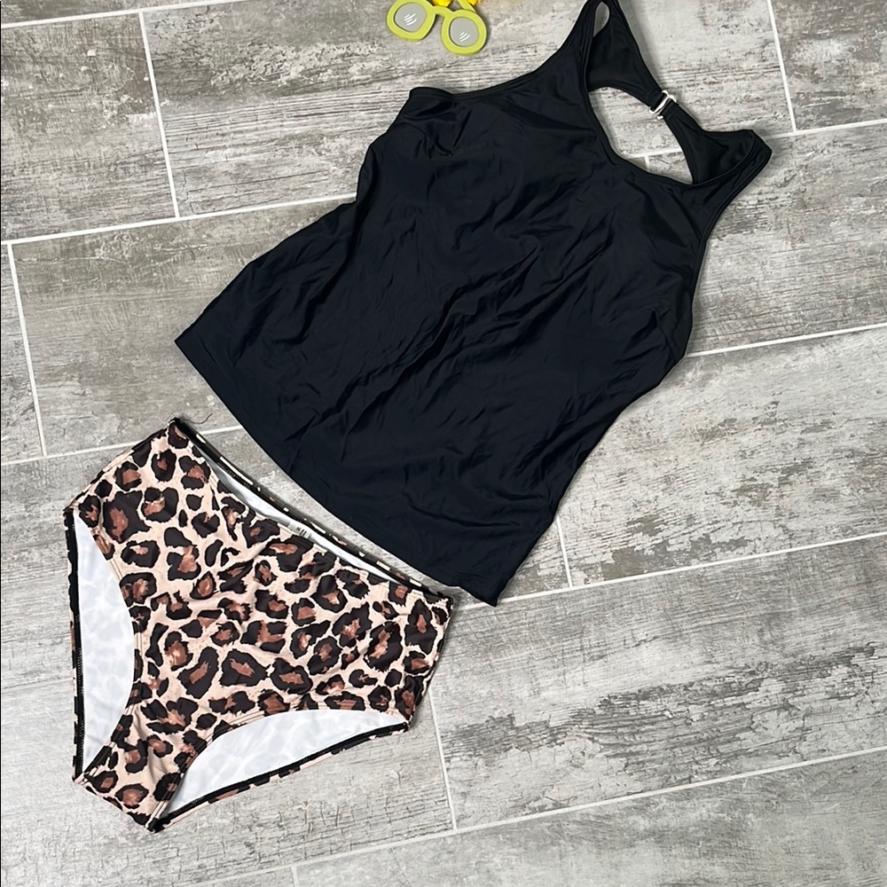 Black Tankini Top with Leopard Print Bikini Bottom